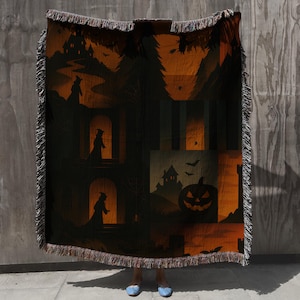 Woven Halloween Throw Blanket: Vintage Witchy Jack-o&#39;-Lantern Decor