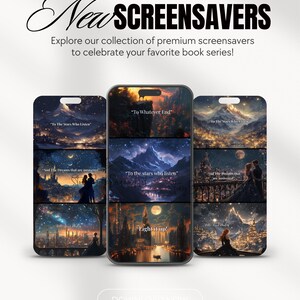 以下が含まれることがあります： 携帯電話のスクリーンセーバーのコレクションを紹介するプロモーション画像。スクリーンセーバーは、「To the Stars Who Listen」や「To Whatever End」などの引用句を伴うファンタジーアートを特徴としています。画像には「New Screensavers」と「Download Now」のテキストが含まれています。