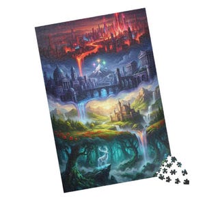 May include: A fantasy-themed jigsaw puzzle featuring a multi-layered landscape. The puzzle depicts a fiery city, a classical city with waterfalls, and a forest with a glowing deer. A small pile of puzzle pieces is in the lower right corner.