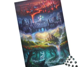 May include: A fantasy-themed jigsaw puzzle featuring a multi-layered landscape. The puzzle depicts a fiery city, a classical city with waterfalls, and a forest with a glowing deer. A small pile of puzzle pieces is in the lower right corner.