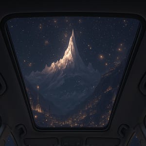 Puede incluir: Vista de una cordillera y un cielo estrellado a través del techo corredizo de un coche. El pico de la montaña está iluminado, con una ciudad en el valle. El interior oscuro del coche enmarca la escena.