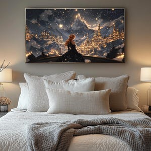 May include: A digital painting of a woman in a black dress standing on a balcony overlooking a city with a mountain in the background. The city is lit up with lights and the sky is filled with stars.
