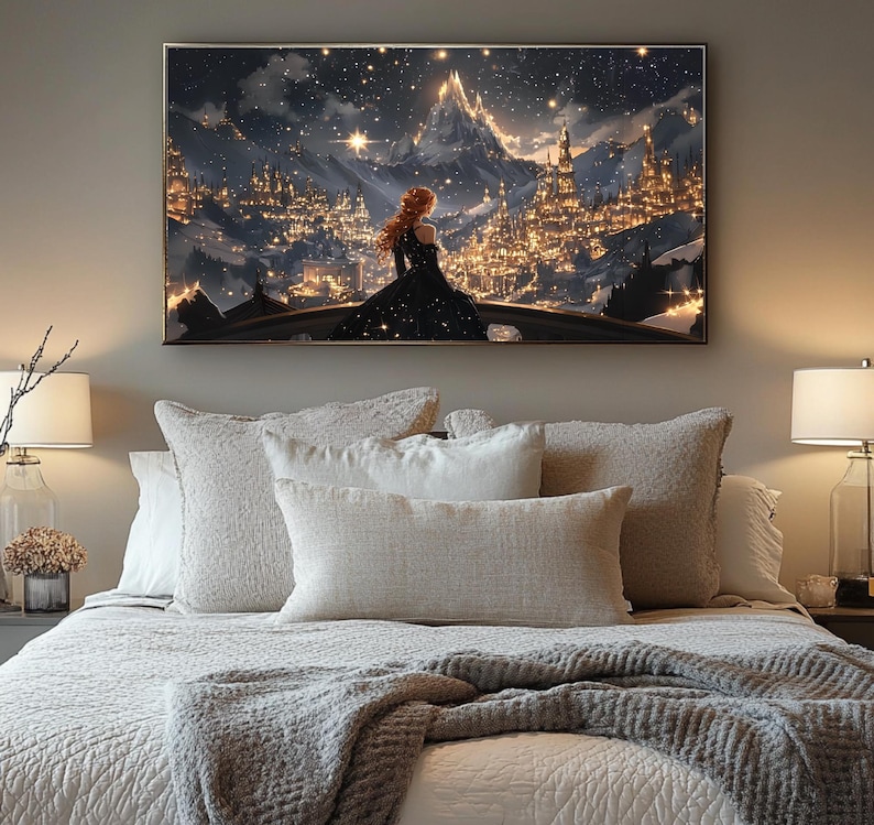 May include: A digital painting of a woman in a black dress standing on a balcony overlooking a city with a mountain in the background. The city is lit up with lights and the sky is filled with stars.
