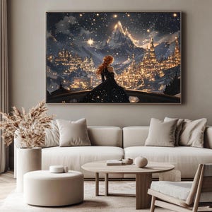 May include: A digital painting of a woman in a black gown standing on a balcony overlooking a city with a mountain in the background. The city is lit up with lights and the sky is filled with stars.