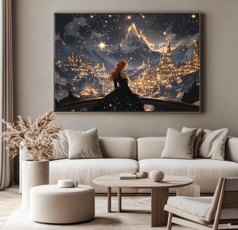 May include: A digital painting of a woman in a black gown standing on a balcony overlooking a city with a mountain in the background. The city is lit up with lights and the sky is filled with stars.