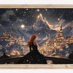 May include: A woman in a black gown stands on a balcony overlooking a city lit up with twinkling lights. The city is nestled in a snowy mountain range under a starry night sky.