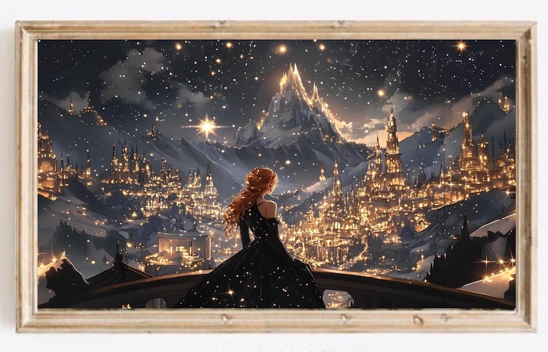 May include: A woman in a black gown stands on a balcony overlooking a city lit up with twinkling lights. The city is nestled in a snowy mountain range under a starry night sky.