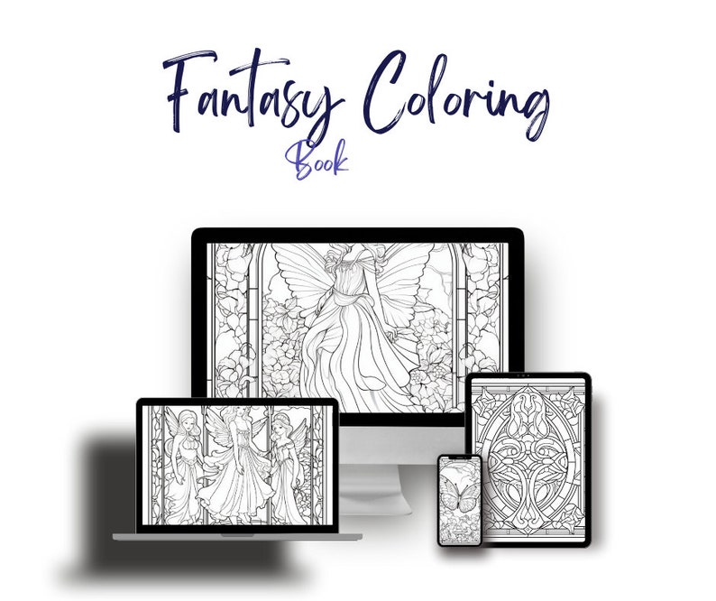 May include: A digital illustration of a fantasy coloring book with three different images. The first image is of a fairy with wings, the second image is of three fairies, and the third image is of a stained glass window.