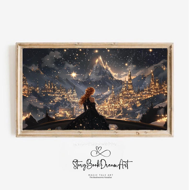 Discover our AI-generated ACOTAR art: Feyre & Velaris TV art print from Night Court. Instant digital download for bookish decor. Order your unique printable today!