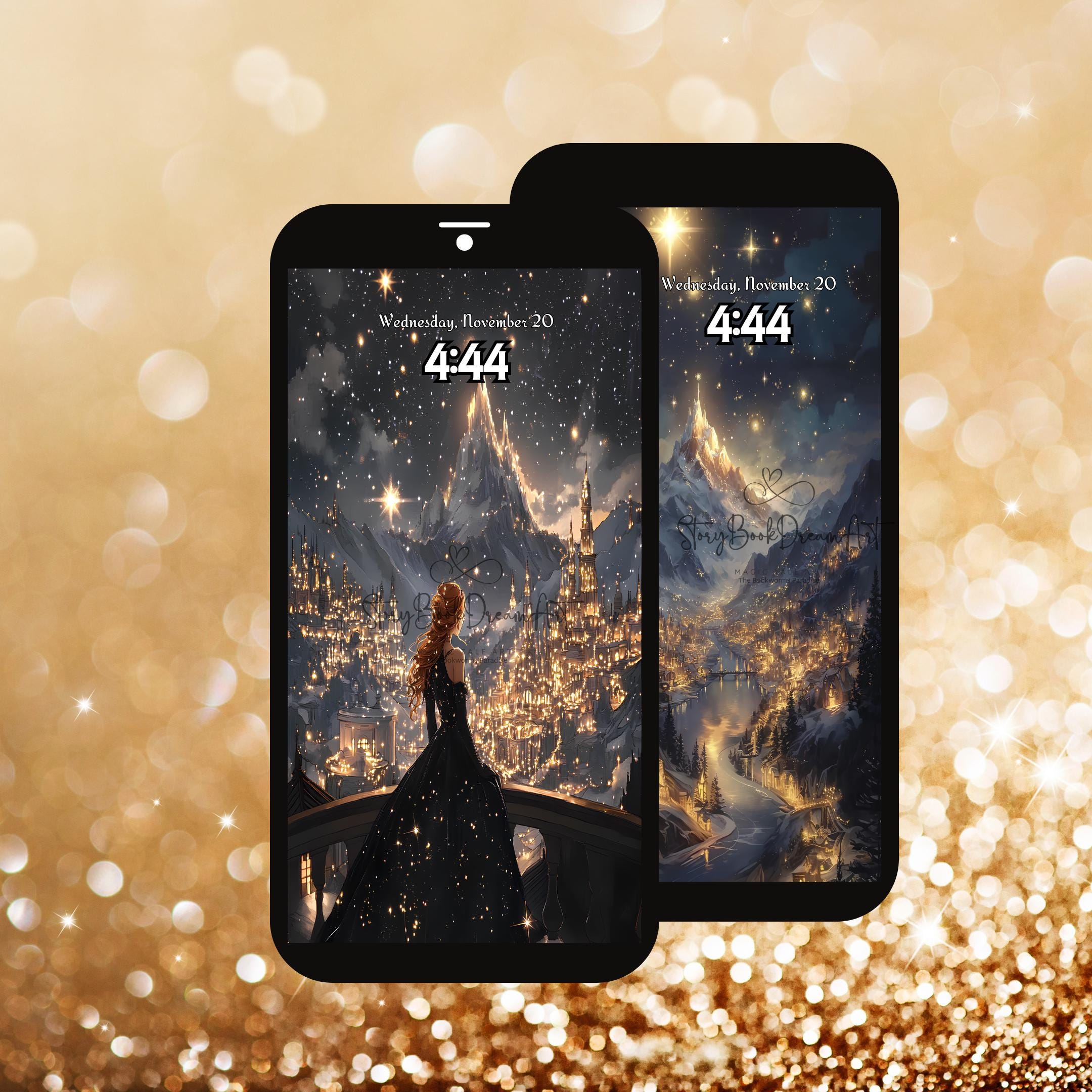 星空の街のスマホ壁紙：黄金の夜空のロック画面（デジタルダウンロード