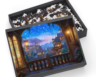 May include: A nighttime view of a city from a balcony with a stained glass window. The city is lit up with lights and the sky is filled with stars.