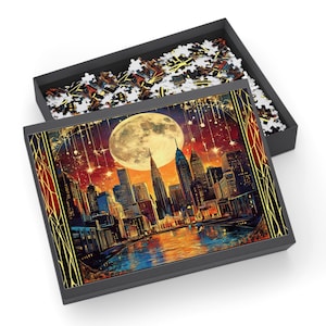 Art Deco City Skyline Jigsaw Puzzle: Crescent City Moonlit Fantasy
