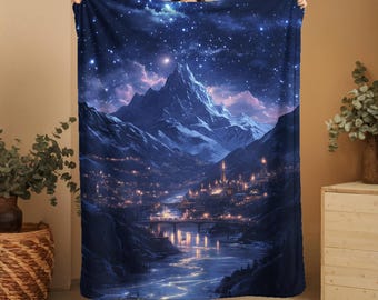 Starry Mountain City Blanket | Cozy Fantasy Throw Blanket | Celestial Night Sky Gift for Book Lovers & Reading Nook Decor