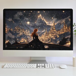 May include: A digital illustration of a woman in a black gown standing on a balcony overlooking a city with a mountain in the background. The city is lit up with lights and the sky is filled with stars.