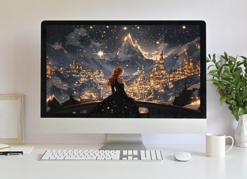 May include: A digital illustration of a woman in a black gown standing on a balcony overlooking a city with a mountain in the background. The city is lit up with lights and the sky is filled with stars.