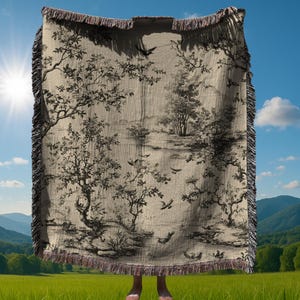 Toile de Jouy Woven Throw Blanket Cream and Black Cottagecore Throw
