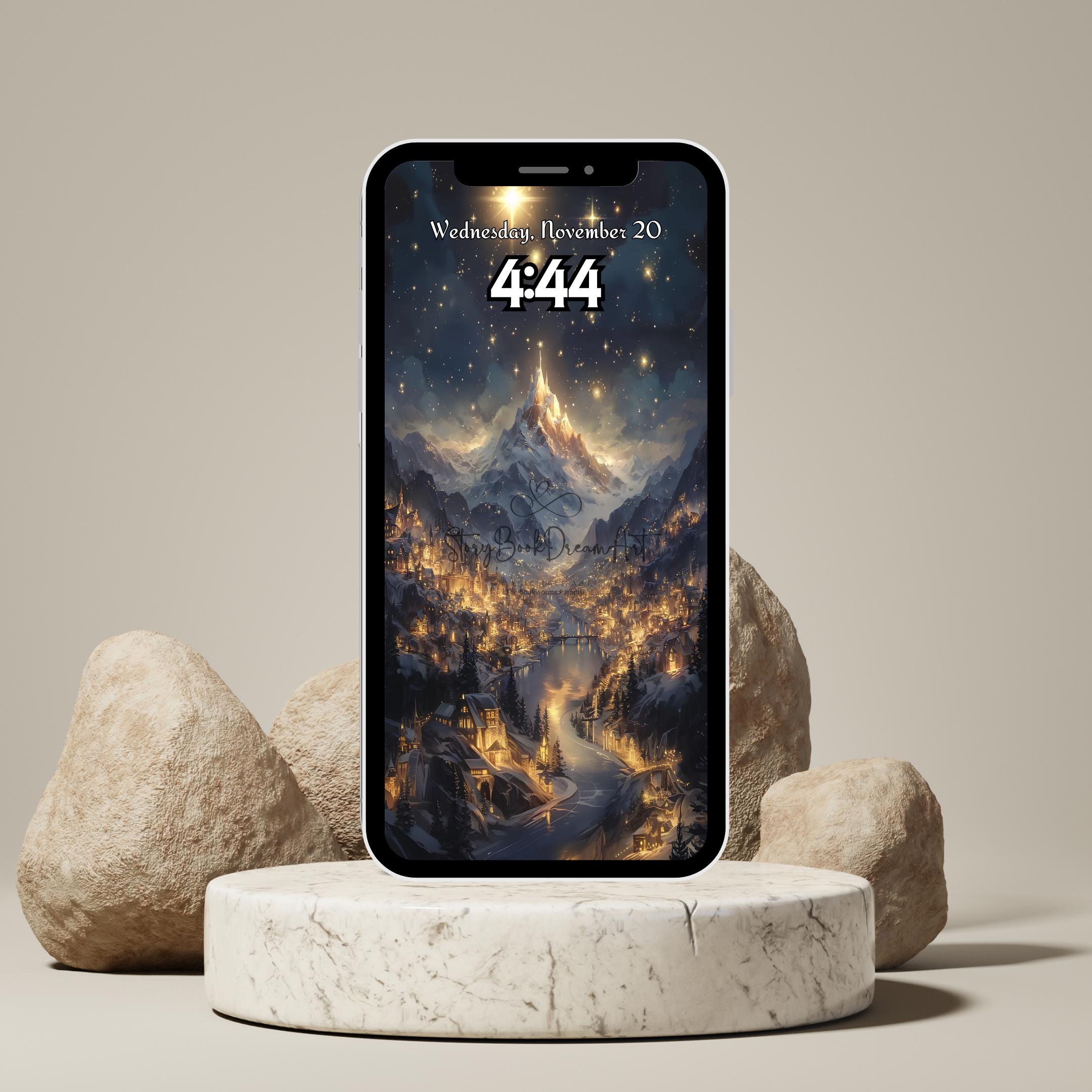 星空の街のスマホ壁紙：黄金の夜空のロック画面（デジタルダウンロード