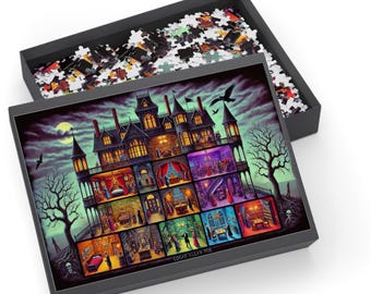 May include: A jigsaw puzzle featuring a spooky, multi-story haunted house illustration with a full moon and flying crows. The puzzle is in a black box, with some pieces visible. The text "EDGAR ALLAN POE" is visible on the puzzle.