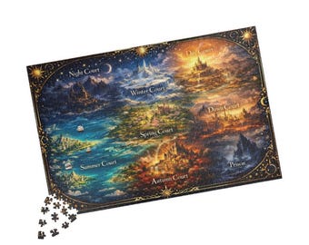 May include: A colorful jigsaw puzzle featuring a fantasy map with the text "Night Court", "Winter Court", "Day Court", "Dawn Court", "Spring Court", "Summer Court", "Prison", and "Autumn Court". The puzzle is partially assembled, with some pieces separate.