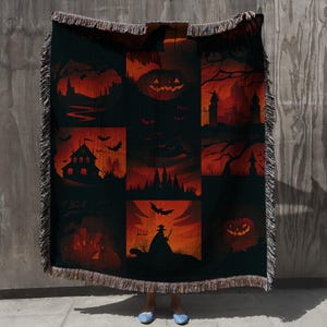 Couverture d'Halloween Spooky Season - jeté tissé Witchy, tapisserie de citrouilles d'Halloween, décoration d'automne vintage confortable, couverture de canapé pour une soirée cinéma