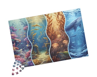 May include: A colorful jigsaw puzzle depicting an underwater scene. The puzzle is divided into four sections, showcasing coral reefs, schools of fish, kelp forests, and a whale. A few puzzle pieces are separate from the main image.
