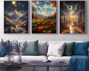 Fantasy Poster 3er Set | Terrasen Velaris Lunathion Digitaldrucke | Bücherwurm Wandkunst für Gemütliche Leseecke oder Geschenk für Leser