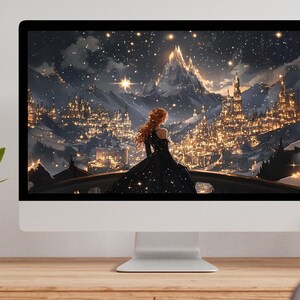 May include: A computer screen displaying a digital illustration of a woman in a black dress standing on a balcony overlooking a snowy city with a mountain in the background. The city is lit up with twinkling lights and the sky is filled with stars.