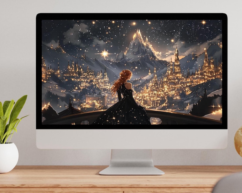 May include: A computer screen displaying a digital illustration of a woman in a black dress standing on a balcony overlooking a snowy city with a mountain in the background. The city is lit up with twinkling lights and the sky is filled with stars.
