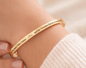 Fantasy Quote Cuff Bracelet, Gold Engraved Bangle, Book Lover Gift for Women, Inspirational Stars & Dreams Jewelry, Adjustable Bracelet