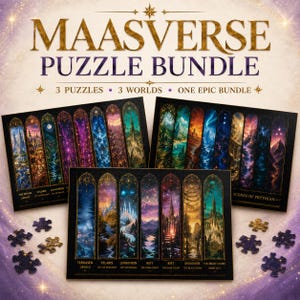 Maasverse Pusselpaket | ACOTAR, Glastronen och Halvmånestaden Pusselset | Sarah J Maas Gåva, Boknördgåva, Fantasy Läspussel