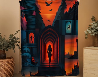 Throne of Glass Fantasy Fleece Blanket | Cozy Reading Throw | Warm Soft Blanket for Book Lovers | Castle Sunset Art Decor Gift