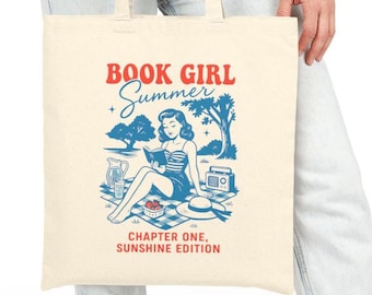 Book Girl Summer Canvas Tote Bag: Retro Beach Bag for Readers