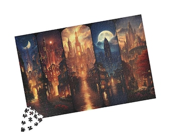 Scenes of Crescent City Fantasy Puzzle | Lunathion Moonlit Skyline Jigsaw with Towers & River Lights | Cozy ACOTAR Gift