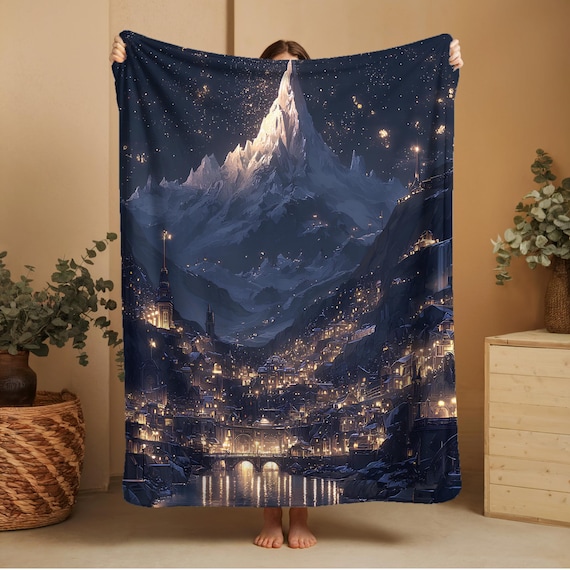 Velaris Starry Mountain City Blanket | Cozy Fantasy Throw | City of Starlight Gift for Book Lovers & Reading Nook