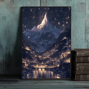 Puede incluir: Una impresión artística enmarcada que representa un paisaje de fantasía nocturno. Una cima montañosa nevada está iluminada por la luz de las estrellas. Un pueblo con luces brillantes está ubicado en el valle de abajo. El texto "Story Book Dreams Art" es visible.