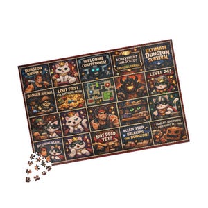 May include: A rectangular jigsaw puzzle with a fantasy theme. The puzzle features various illustrated squares with text like "Dungeon Runner" and "Level 24!" along with images of cats, adventurers, and monsters. A few puzzle pieces are separate.