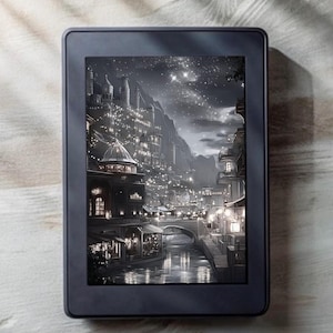 May include: A black and white illustration of a city at night with a river running through it. The city is lit up with lights and there are stars in the sky.