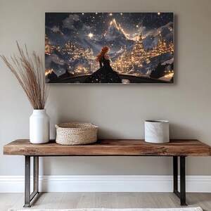 May include: A digital painting of a woman in a black gown standing on a balcony overlooking a snowy city with a mountain in the background. The city is lit up with twinkling lights and the sky is filled with stars.