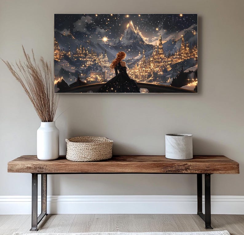 May include: A digital painting of a woman in a black gown standing on a balcony overlooking a snowy city with a mountain in the background. The city is lit up with twinkling lights and the sky is filled with stars.