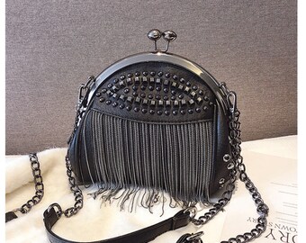 Studded Tassel Chain Shoulder Bag, Buckled Retro Purse, Rivet Embroidered Stylish Bag, Black Bag That Will Set You Apart From The Rest