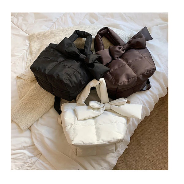 Ribbon Winter Fall Tote Bag, Large Capacity Puffy Shoulder Bag, 2023 Season Fashion Puffer Handbag, Daily Use Puffer Purse