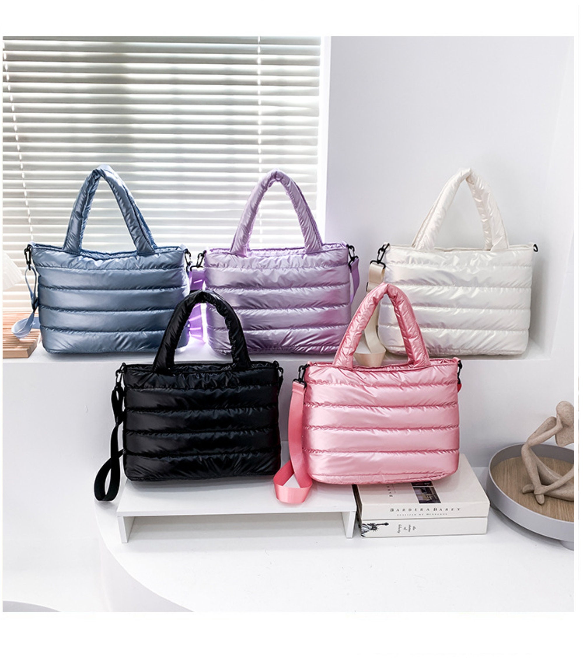 Puffer Tote Bag, Trendy Luxury Chic Quilted Large Padded Designer Handbags  for Women Cotton Winter Soft Shoulder Bag (pink)