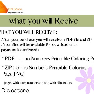 May include: A digital product listing for printable colouring pages featuring numbers 0-10. The listing includes a PDF file and a ZIP file containing PNG images. The text "WHAT YOU WILL RECEIVE" is highlighted in bold.