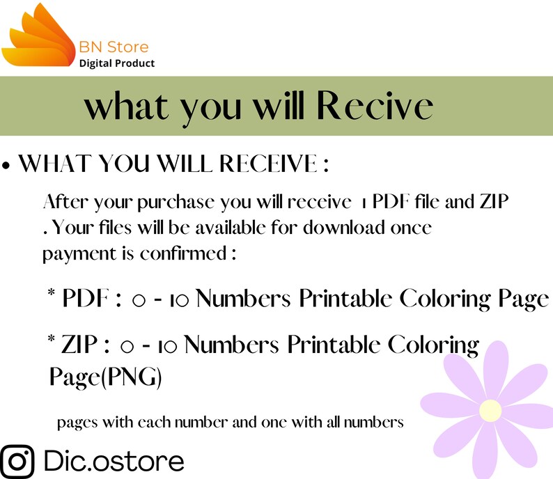 May include: A digital product listing for printable colouring pages featuring numbers 0-10. The listing includes a PDF file and a ZIP file containing PNG images. The text "WHAT YOU WILL RECEIVE" is highlighted in bold.