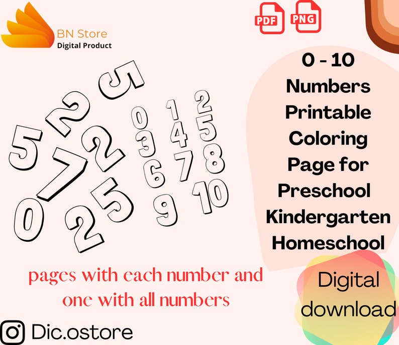 May include: Black and white printable colouring page featuring numbers 0-10. The numbers are scattered across the page. The page is titled "0-10 Numbers Printable Colouring Page for Preschool Kindergarten Homeschool" and includes the text "pages with each number and one with all numbers".