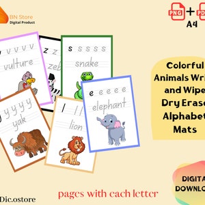 Alphabet animals book A-Z Kindergarten Homeschoo | Colorful Animals Write and Wipe Dry Erase Alphabet Mats|page with each letter|PDF PNG A4