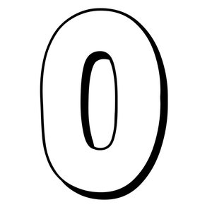 May include: A black and white illustration of the number zero. The number is drawn in a bold, cartoon style.