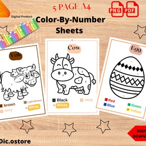Color-By-Number Sheets | Color by number printable | animal coloring game | home school | Kindergarten Homeschoo |PDF PNG A4 instant download