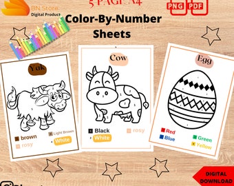 Color-By-Number Sheets | Color by number printable | animal coloring game | home school | Kindergarten Homeschoo |PDF PNG A4 instant download