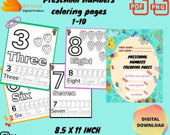 colored numbers words and drawing| Numbers coloring book Coloring book Workbook|Kindergarten Homeschoo| instant download PDF PNG 8.5x11 inch